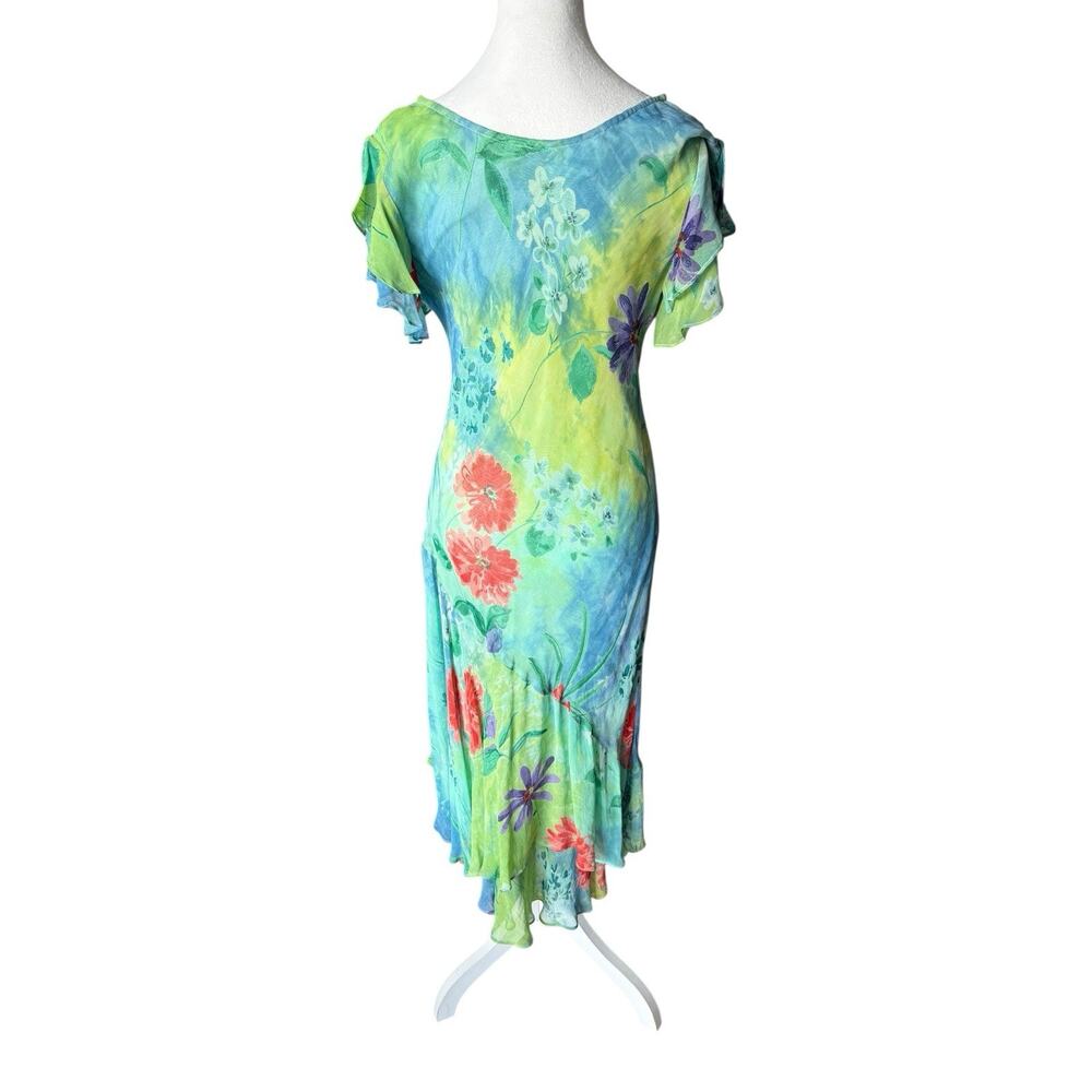 Vtg Silk Floral Dress Mermaid Asymmetrical Flutter Bias Cut Tropical Hawaiian - Picture 3 of 13